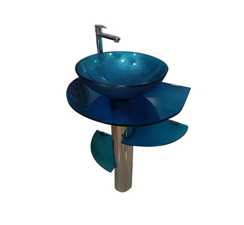 Blue Glass Wash Basin - Glass 22 Inch Round Blue | Easy To Fit Floor Mounted Pedestal Basin