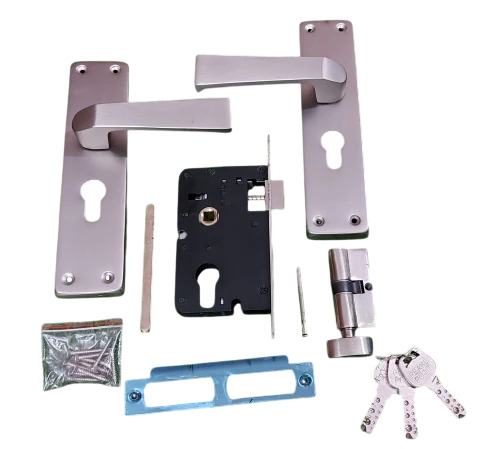 Iron Mortise Door Lock Set - Iron, Silver Polished Finish, Rectangular Shape | Mortise Lock, Door Handle Pair, Bullet Lock, 3 Keys