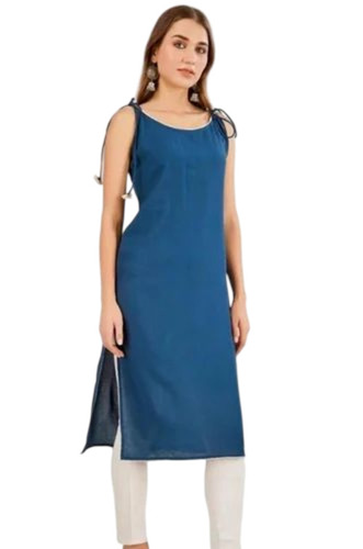 Ladies Blue Rayon Kurti - Rayon Fabric, Multicolor, Sleeveless | Light Weight, Breathable, Washable