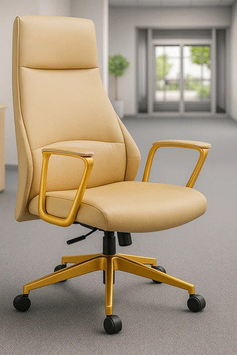 Premium High-Back Executive Office Chair - Leather, Standard Size, Brown & Golden | Corrosion Resistant, Durable, Eco-Friendly Steel