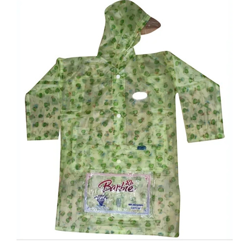 Barbie Printed Pvc Raincoat - PVC, Size L, Green, Full Sleeves, Hooded | Waterproof, Unisex, Zip & Button Closure, Long Coat