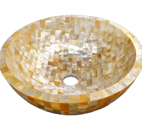 Mother Of Pearl Inlay Wash Basin - Marble, Customized Size, Golden | Round, Deck Mounted, Polished Finish