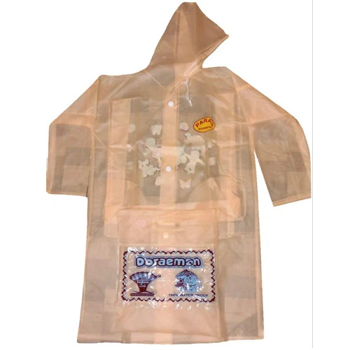 Paras Doraemon Printed Kids Pvc Raincoat - Pvc Material, Size M, Peach, Full Sleeves, Hooded, Zip & Button Closure, Waterproof