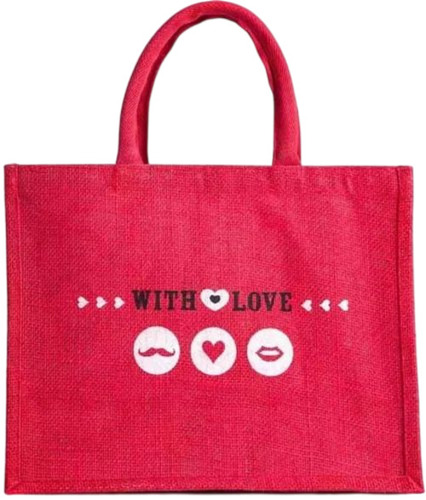 Red Printed Jute Tote Bag - Durable Jute, Custom Size, Multicolor | Printed Pattern, Flexiloop Handle, 2-5 kg Capacity
