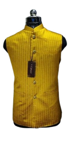 Golden Color Men Nehru Jacket - Silk, Various Sizes, Striped | Breathable, Anti-Wrinkle, Double Pockets