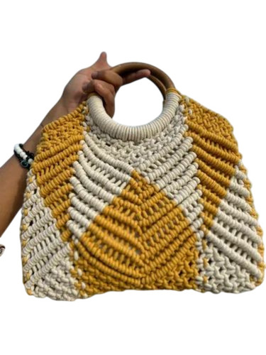 Knotted Macrame Fashionable Ladies Bags - Cotton Fabric, 9x3x9 Inch, Multiple Colors | Wooden Handle, Durable, Fine Finished, Designer Pattern