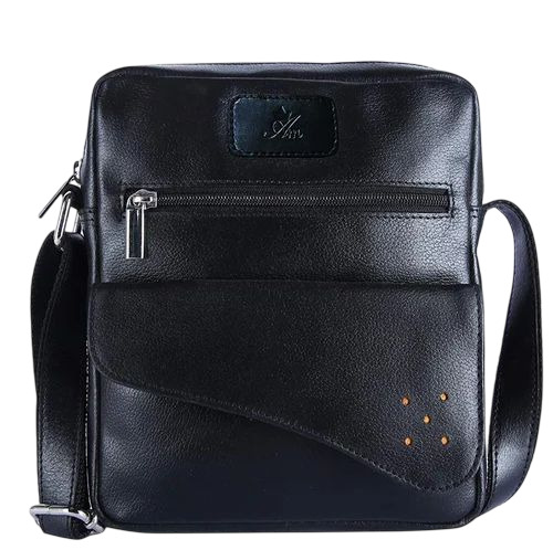 Leather Side Bags - Pure Leather 13x10 Inch Black, Zipper Closure, Designer Pattern, Unisex Shoulder Bag