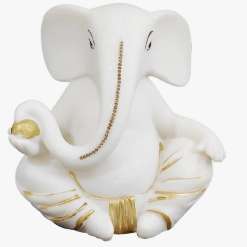 Marble Ganesh Statue - Marble Standard White with Gold Accents | Eco-Friendly Moisture Proof Religious Worship