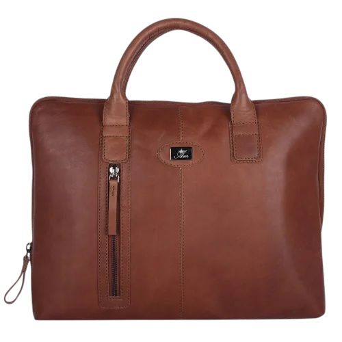 Mens Leather Laptop Bags - Pure Leather 14.5 Inch, Brown, Zipper Closure | Canvas Lining, 7 Compartments, Durable Comfort