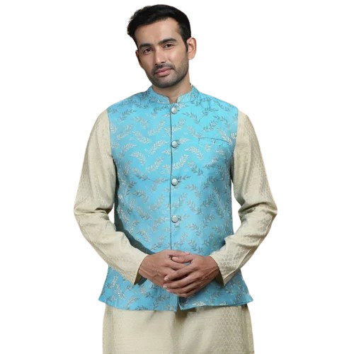 Sky Blue Men Nehru Jacket - Silk, Various Sizes, Blue, Printed | Breathable, Anti UV, Double Pockets, Sleeveless, Machine Washable