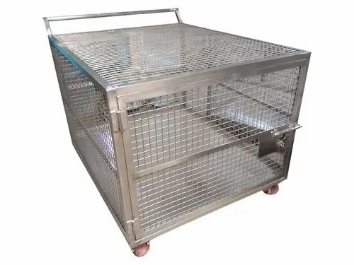 Stainless Steel Cage Trolley - SS304, 3x3x3 Feet, Silver | Industrial Use, 100 Kg Load Capacity