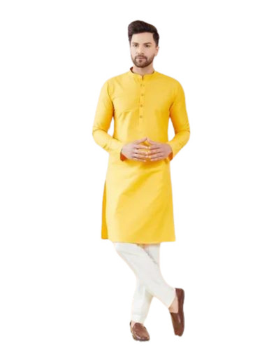 Yellow Men Cotton Kurta Pajama Set - Age Group: Adults