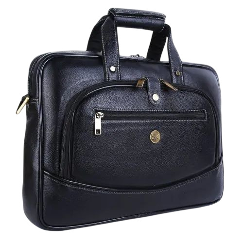 Black Leather Laptop Bag - Pure Leather, Black, Zipper Closure | Durable, Comfortable, Polished Finish, 3 Pockets, Water Resistant