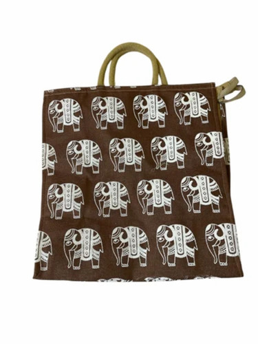 Brown Base Printed Jute Hand Bag - 2 KG Capacity, Rectangle Shape, Multicolor | Durable, Fine Finished, Hand Length Handle