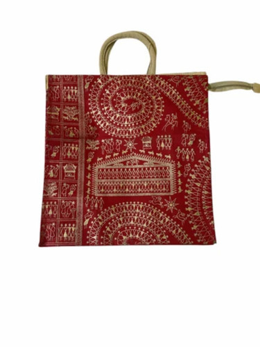 Maroon Base Printed Jute Hand Bag - 2 KG Capacity, Rectangle Shape, Multicolor | Durable, Fine Finished, Hand Length Handle