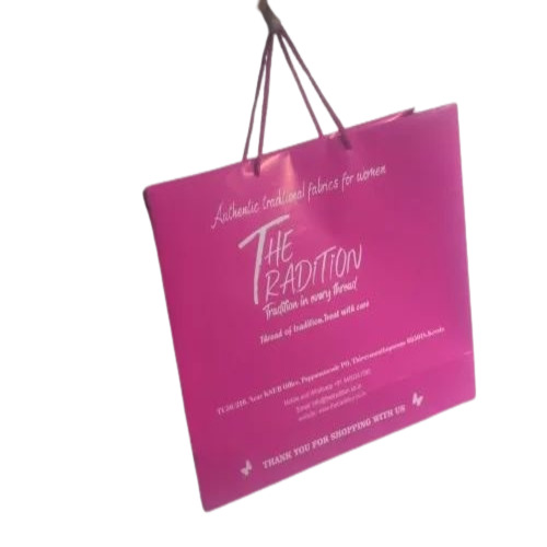 Printed Pink Paper Shopping Bags - SBS Board 8x10x4 Inch, Pink, Machine Made | Laminated Matt, Rope Handle, Disposable, Moisture Proof