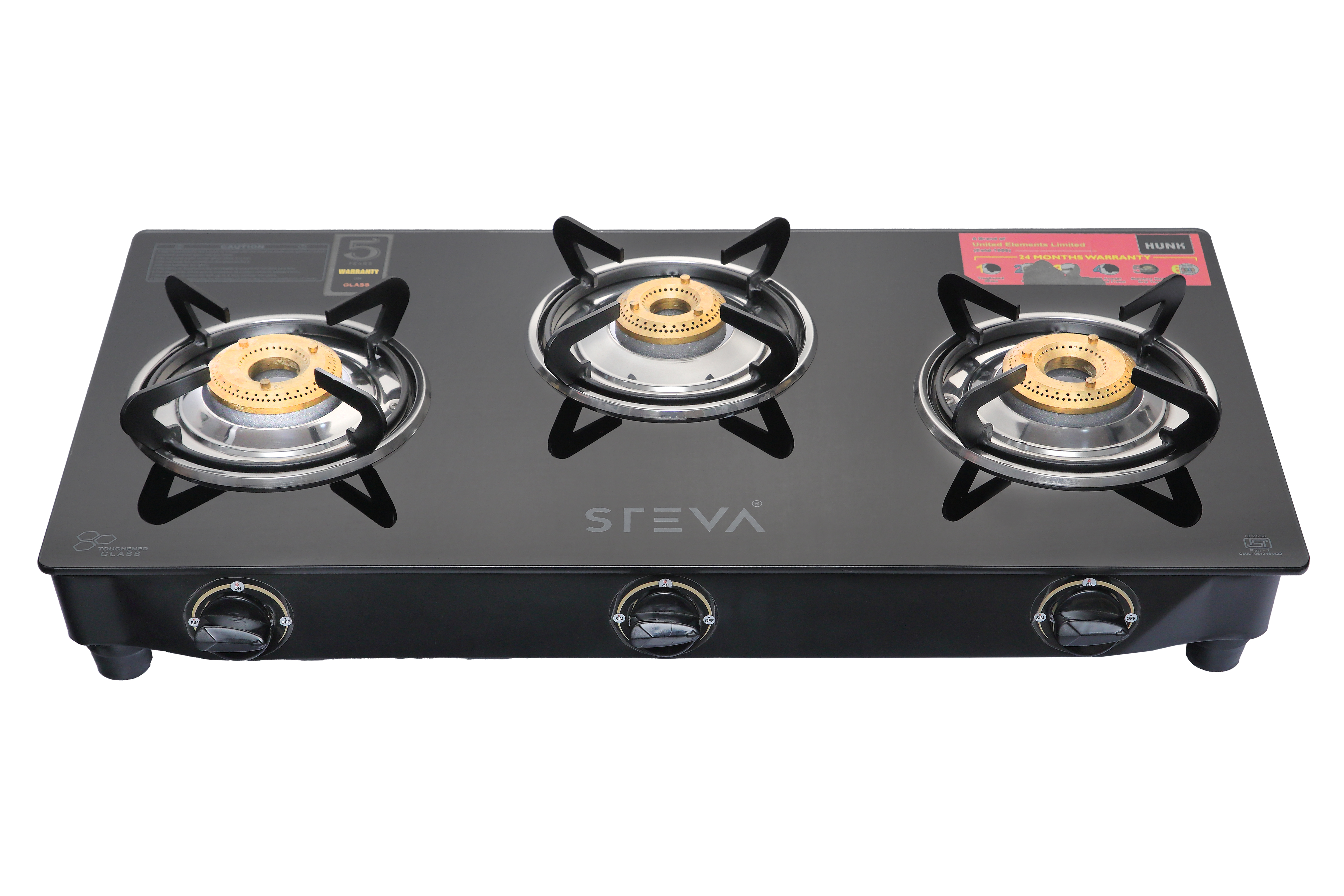 3 Burner Steva Hunk Gas Stove - Stainless Steel Body, 690x360mm, Black | Ergonomic Knobs, Brass Burners, Glass Top, Manual Ignition