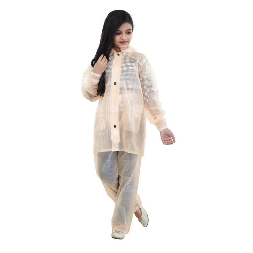 Pvc Crystal Children Rainsuit - Pvc, Size S, Beige, Transparent | Waterproof, Unisex, Full Sleeves, Button Closure, Pockets