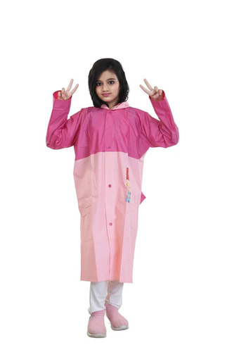 Pvc Femina Children Raincoat - Pvc, Size S, Beige & Pink | Waterproof, Full Sleeves, Pockets, Casual Long Coat