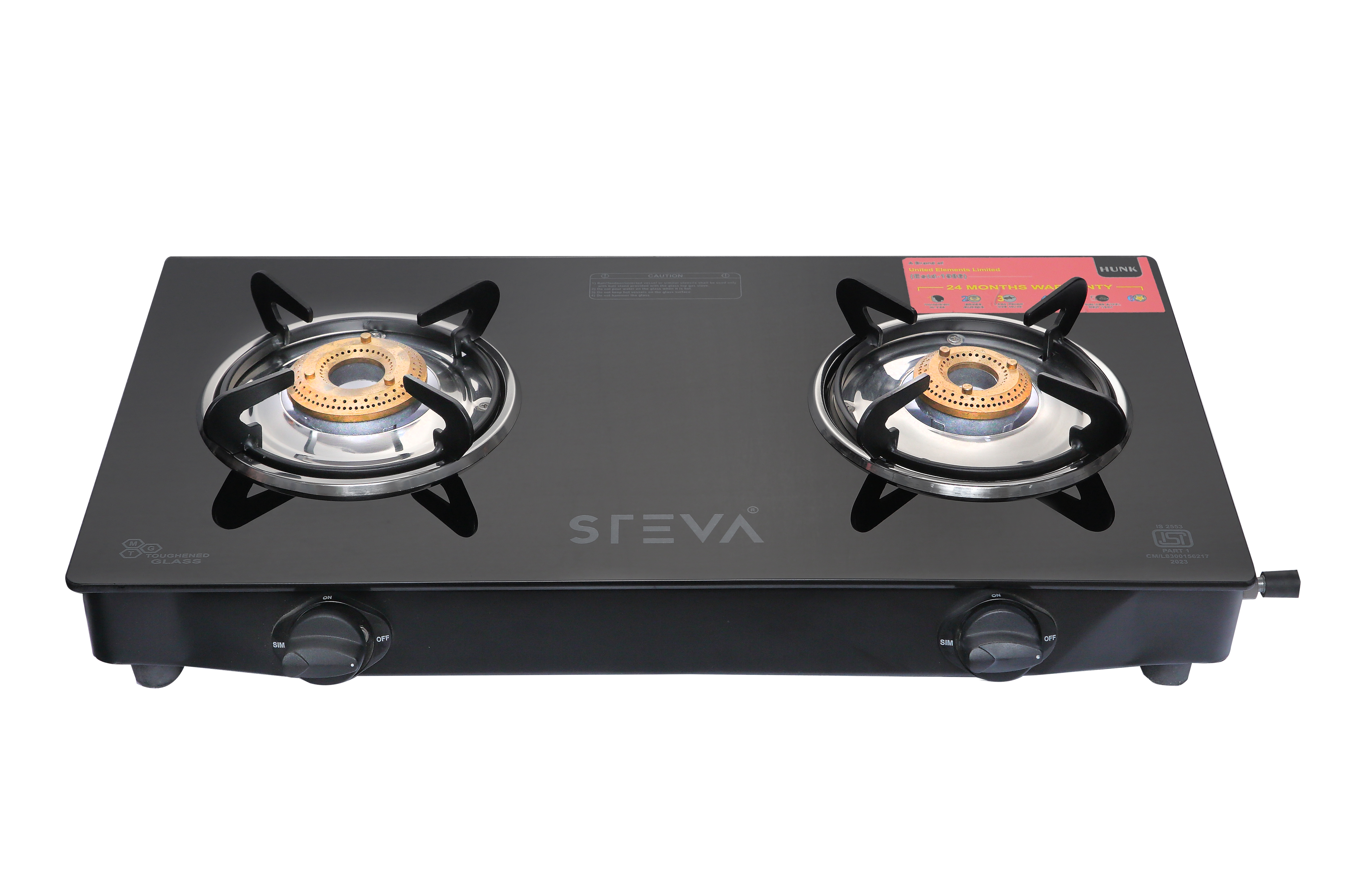 Steva Hunk 2 Burner Gas Stove - Stainless Steel Body, 600x320 MM, Black | Brass Burners, Glass Top, Manual Ignition, Ergonomic Knobs