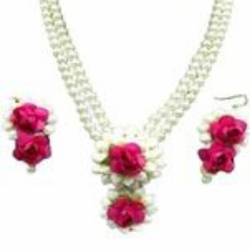 Stone Studded Flower Jewellery Set - Color: White