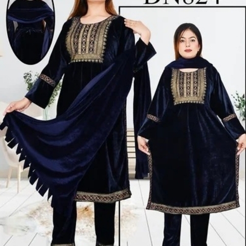 Velvet Kurti Nyra - Velvet Navy Blue, Flared Silhouette | Embroidered Detailing, Lightweight Fabric, Ankle Length