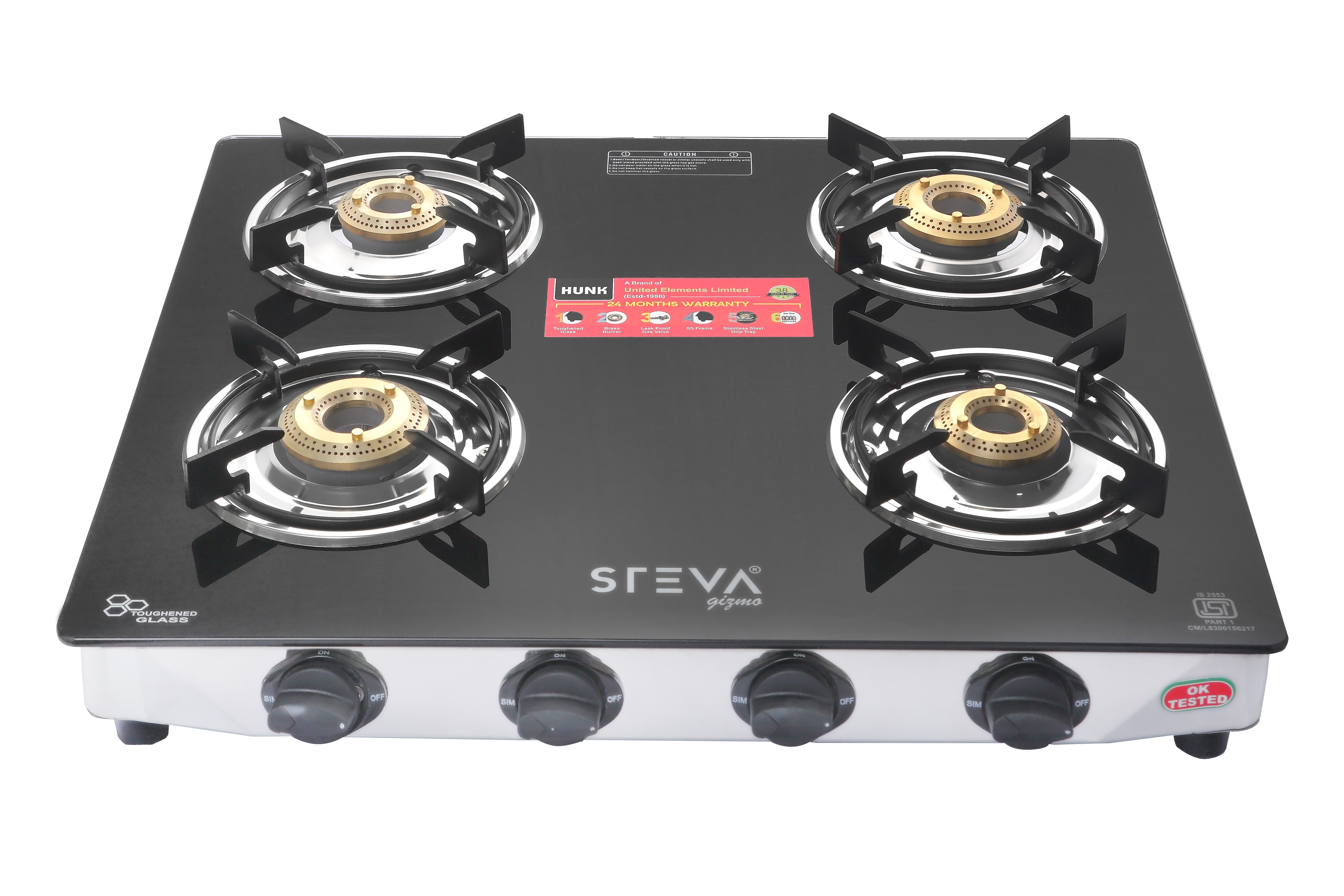 4 Burner Steva Hunk Plus Gas Stove - Stainless Steel 700x360mm, Glass Top | Manual Ignition, Brass Burners, Ergonomic Knobs