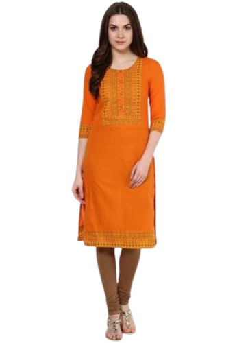Ladies Kurtis - Cotton, Sizes S-XXXL, Orange, Lightweight Quick Dry, Neatly Stitched
