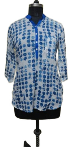 Printed Womens Tunic - Cotton, Sizes S-XXXL, White & Blue | Anti Wrinkle, Breathable, Quick Dry, No Fade, Machine Washable
