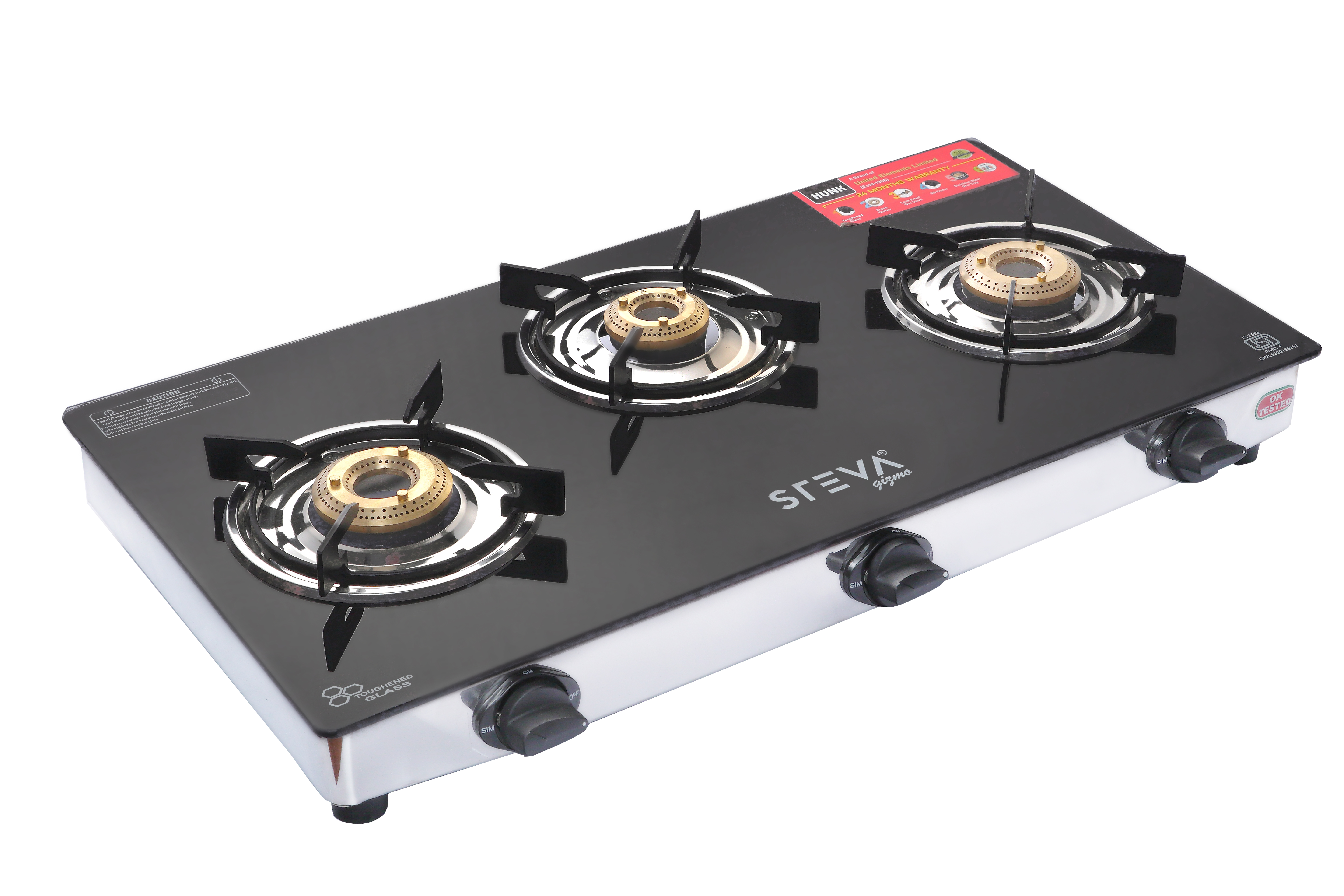Steva Gas Stove Hunk Plus 3 Burner - Stainless Steel, 690x360 mm, Glass Top | Ergonomic Knobs, Brass Burners, 5 Year Glass Warranty