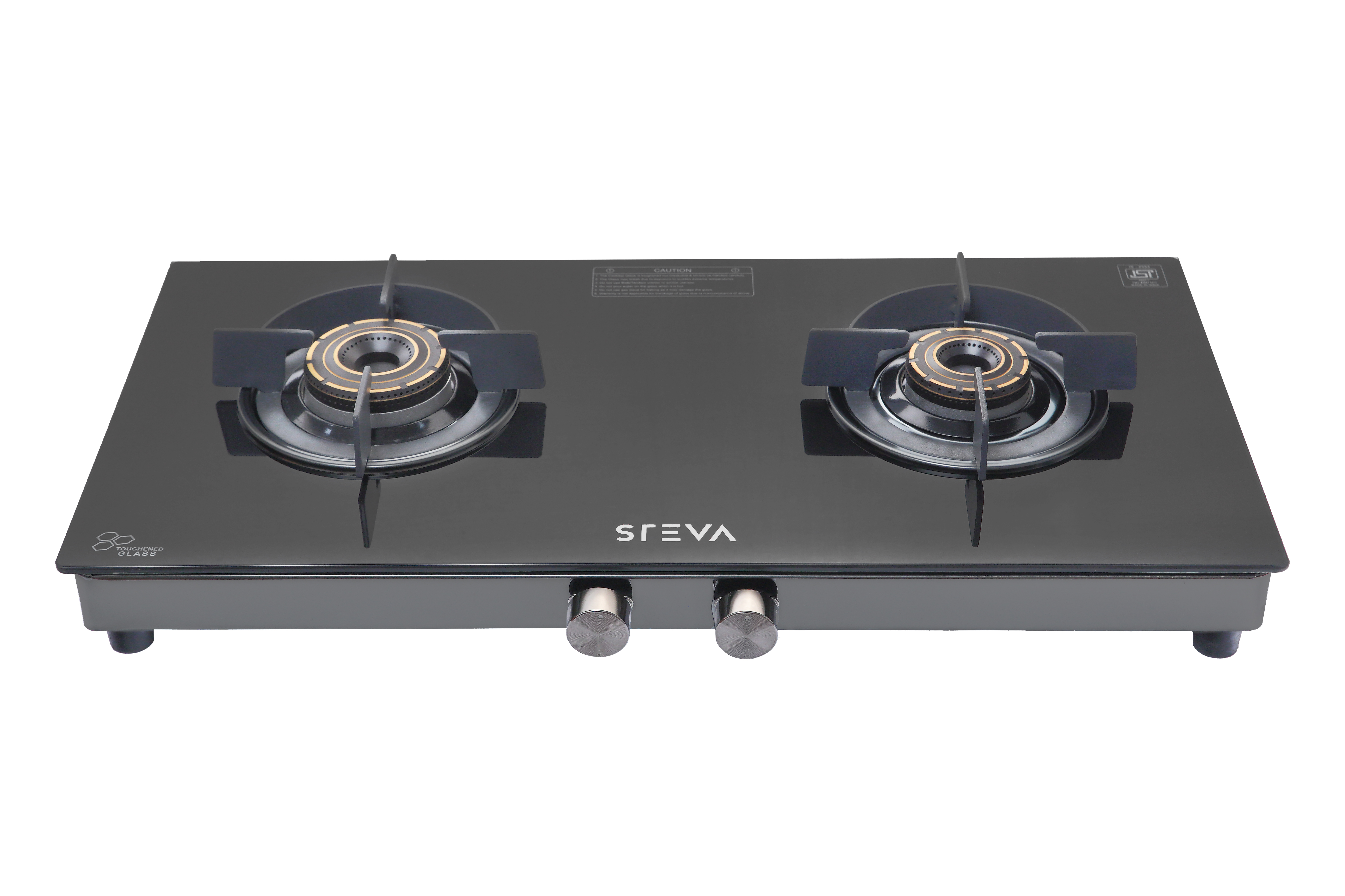Steva Vennal 2 Burner Gas Stove - Stainless Steel Body, 700x360mm, Glass Top | Dual Tone Brass Burners, Cast Iron Pan Supports, Ergonomic Knobs