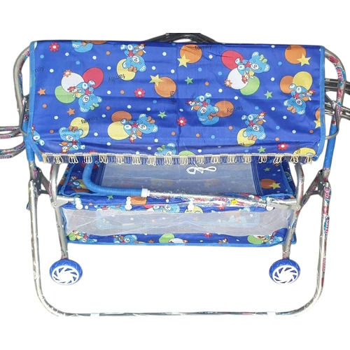 Blue Printed Fancy Baby Jhula - Metal Frame, Blue, Four Wheels | Gentle Swinging Motion, Mosquito Jhoola