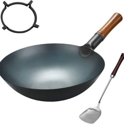 Chinese Wok - Stainless Steel, Black, Wood Handle | Sharp Edge, Ergonomic Grip, Rust Resistant, Durable Blade