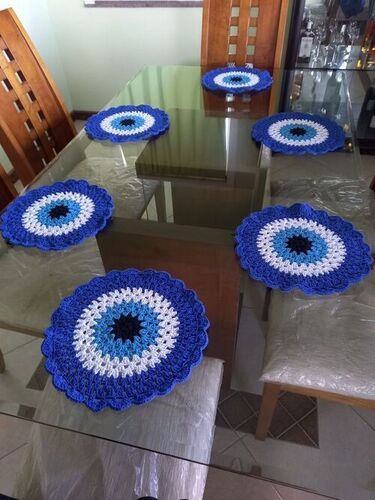 Beaded Table Mat - Cotton, Blue and White, Embroidered Mini | Anti-Slip, Quick Drying, Stain Resistant, Washable, Waterproof