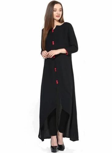 Designer Black Long Kurti - Cotton, 3/4th Sleeve, Regular Fit, V-Neck | Breathable, Anti Wrinkle, Quick Dry, Comfortable Fit