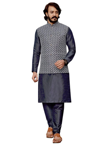 Embroidered Mens Kurta Pajama - Linen, Large Size, Blue | Comfortable, Washable, Stylish Fusion Wear
