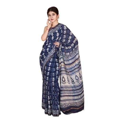 Blue Hand Block Printed Moonga Silk Sarees