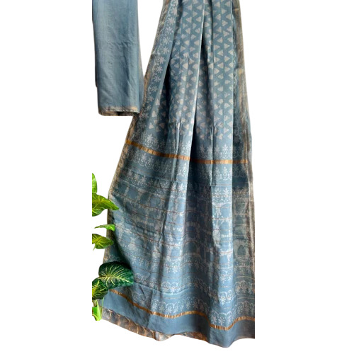 Ladies Hand Block Printed Chanderi Cotton Silk Sarees - Cotton Silk, 6.3 Meter, Light Blue & White | Hand Made, Dabu Print Blouse, Silk Fabric