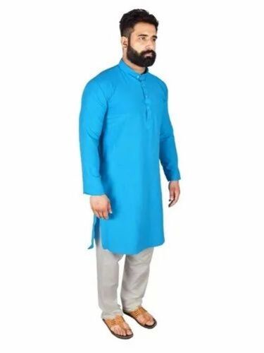 Men Blue Color Plain Kurta Pajama
