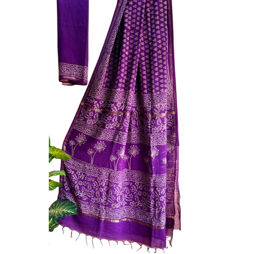 Purple Hand Block Printed Chanderi Cotton Silk Sarees