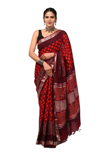Cotton Linen Hand Block Printed Saree - 6.5 Meter, Red, Cotton Linen with Zari Border | Traditional Bagru Block Print, Women, Casual Summer