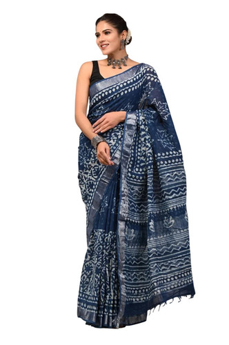 Multicolor Cotton Linen Hand Block Print Saree - Cotton Linen, 6.5 Meter, Blue & White, Traditional Bagru Block Print