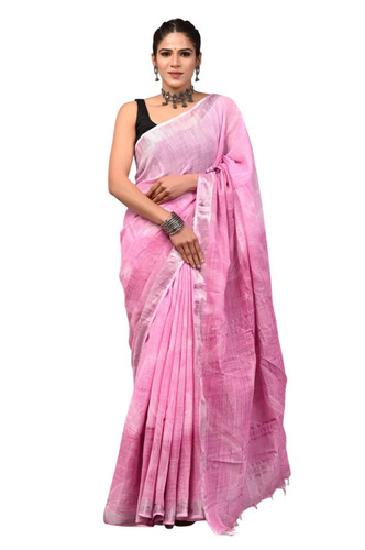 Pink Cotton Linen Hand Block Print Saree