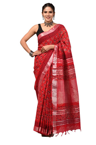 Red Cotton Linen Hand Block Print Saree