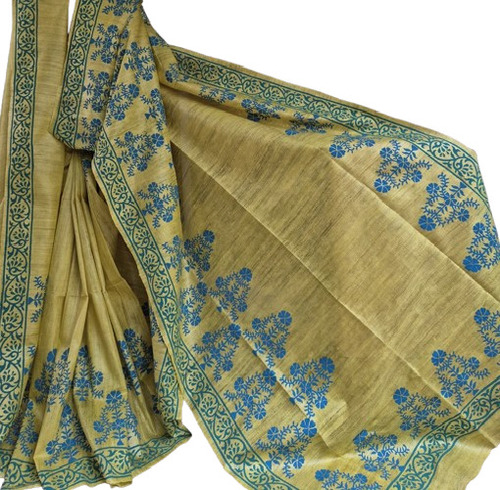 Yellow Pure Tussar Ghicha Silk Sarees