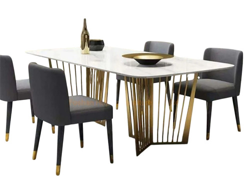 4 Seater Rectangular Stainless Steel Dining Table - Marble Top, White and Gold, Handmade Finish