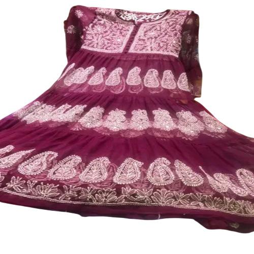 Ladies Purple Chikankari Anarkali Kurti