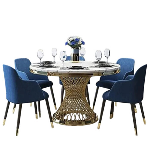Round Shape Stainless Steel Dining Table - 6 Seater Customized Round Marble Top Gold White PVD Finish | Handmade No Assembly Required Indoor Use