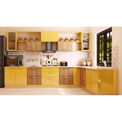 Wooden L Shape Polished Finish Modular Kitchen