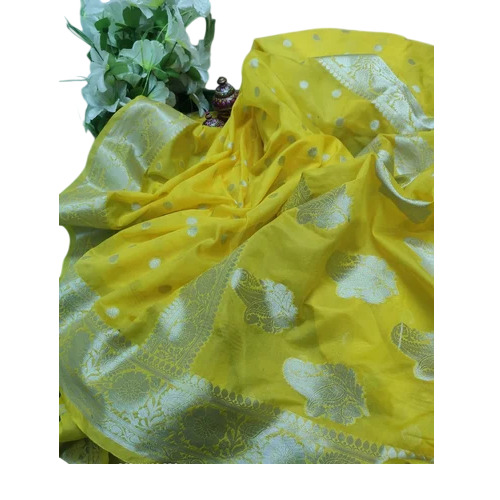 Yellow Banarasi Semi Georgette Sarees with Silk Banarasi Blouse - 6.3m Length, Festive Printed Style
